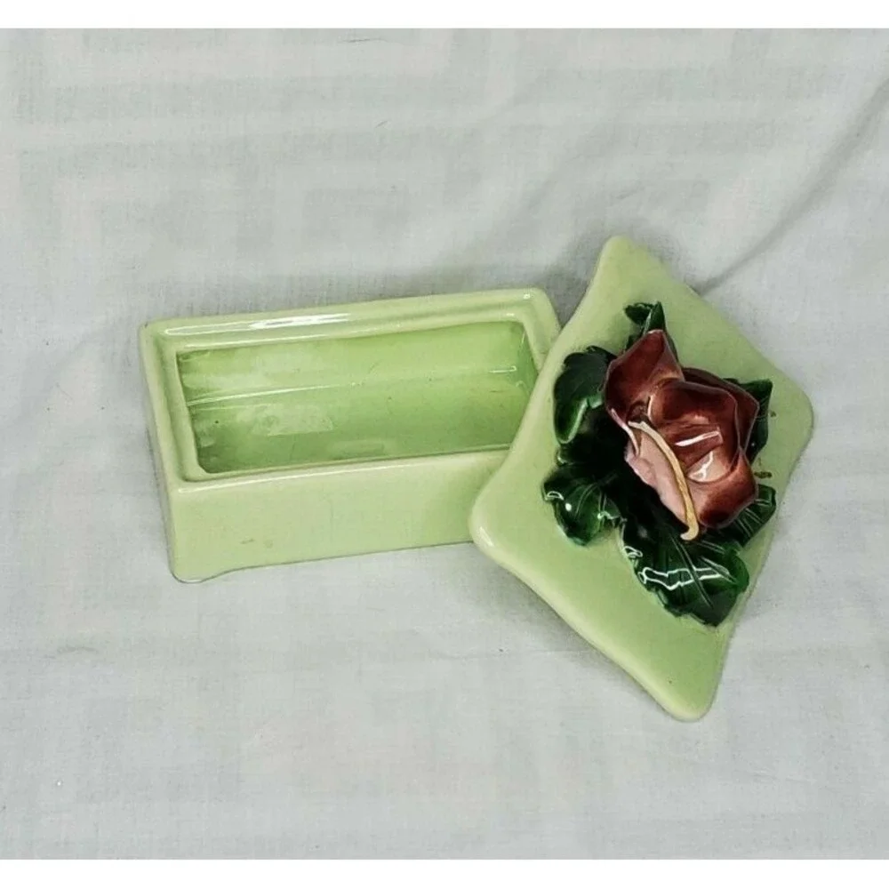 Vintage 1950s Johannes Bram of California Ceramic  Green With Rose Trinket Dish
